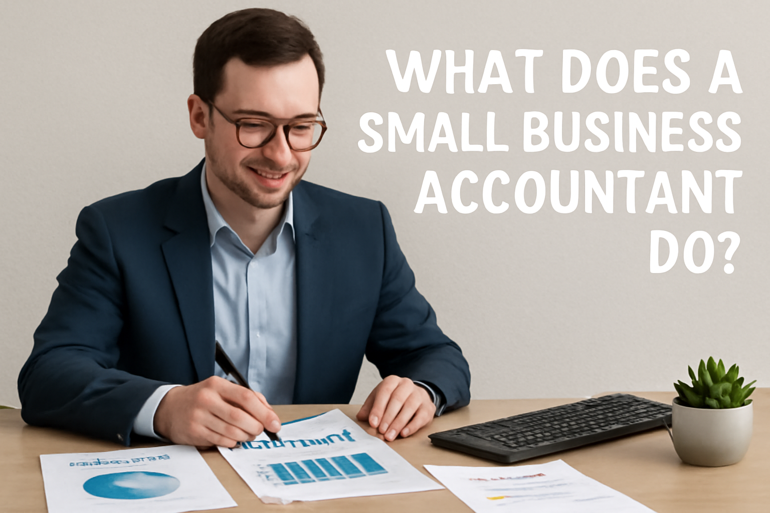 A professional accountant in a navy suit and light blue shirt reviews financial documents, including a "FINANCIAL REPORT" and pie charts, while smiling. The image includes the text overlay: "WHAT DOES A SMALL BUSINESS ACCOUNTANT DO?"