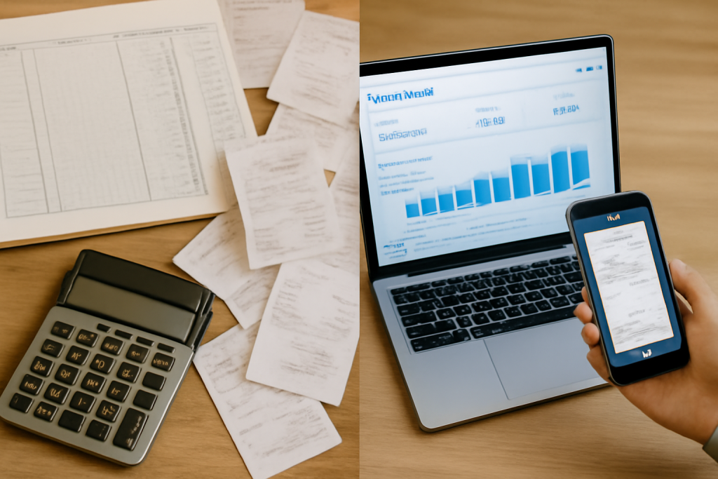 A split composition showing traditional paper bookkeeping methods on the left side, with handwritten ledgers, receipts, and a calculator. On the right, a modern laptop displays accounting software, and a smartphone is scanning a receipt.