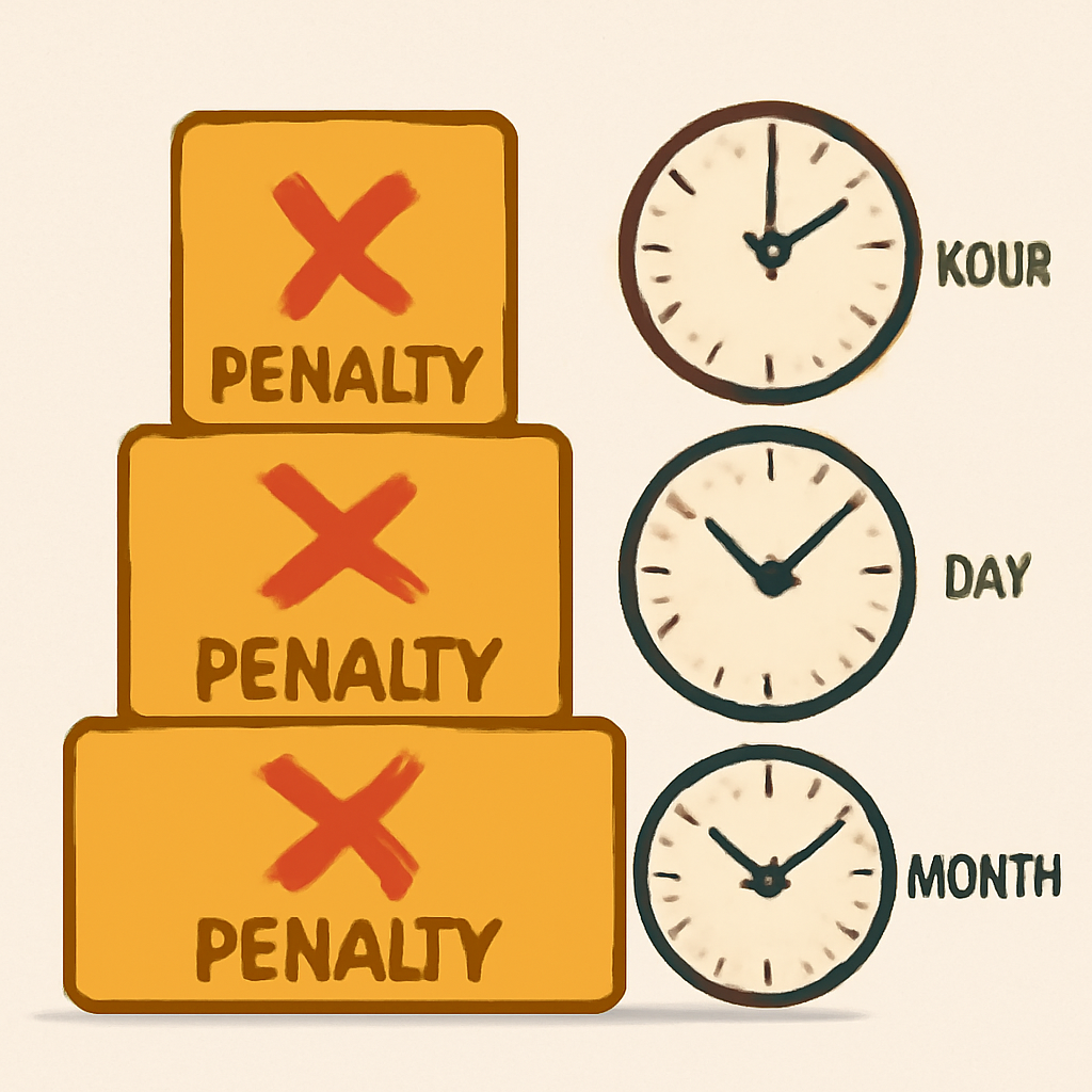 An infographic-style image featuring three stacked penalty blocks, each with a red 'X' and the word 'PENALTY.' To the right, three clocks represent different time periods: hour, day, and month, contrasting the passage of time with the penalties.