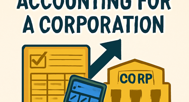 An infographic-style illustration showing a simplified approach to corporate accounting. The image includes a checklist, a calculator, and a corporate building, with the title 'HOW TO SIMPLIFY ACCOUNTING FOR A CORPORATION' at the top.