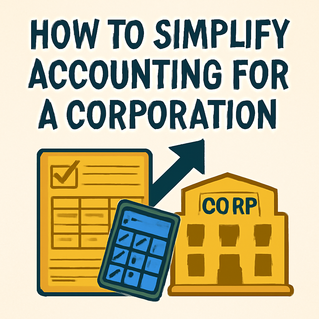 An infographic-style illustration showing a simplified approach to corporate accounting. The image includes a checklist, a calculator, and a corporate building, with the title 'HOW TO SIMPLIFY ACCOUNTING FOR A CORPORATION' at the top.