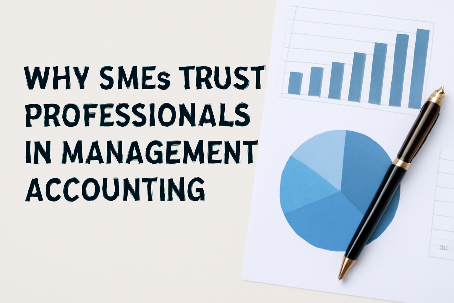 Featured blog image for 'Why SMEs Trust Professionals in Management Accounting,' with a clean light gray background. The title 'WHY SMEs TRUST PROFESSIONALS IN MANAGEMENT ACCOUNTING' is in bold navy blue font. On the right side, financial charts, including a pie chart and bar graph, are placed next to a stylish gold fountain pen resting on textured documents, creating a professional and modern aesthetic.