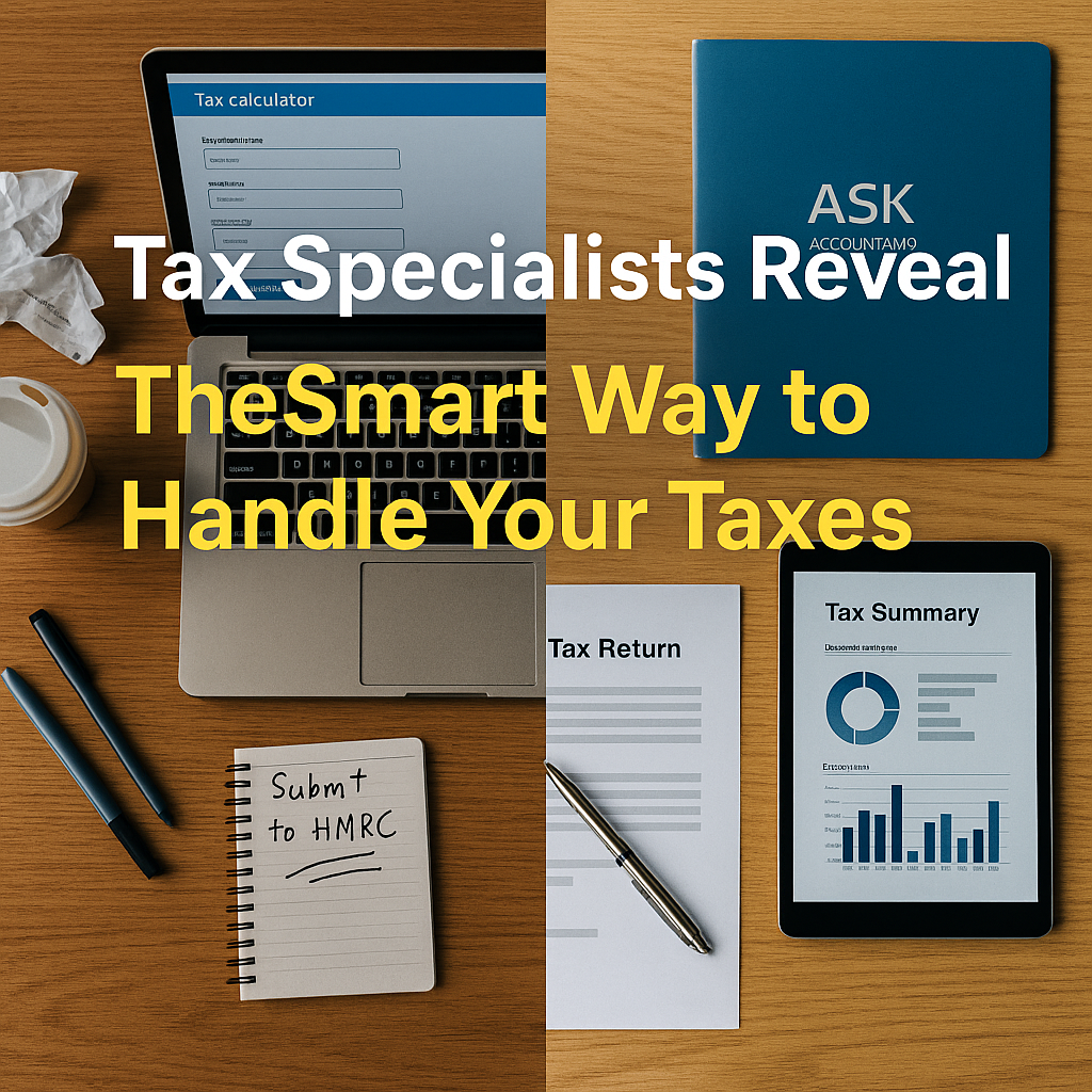 Split image showing a cluttered DIY tax workspace with a laptop and handwritten note on the left, and an organized professional tax setup with documents, a tablet, and an ASK Accountants folder on the right. Text overlay reads “Tax Specialists Reveal the Smart Way to Handle Your Taxes.