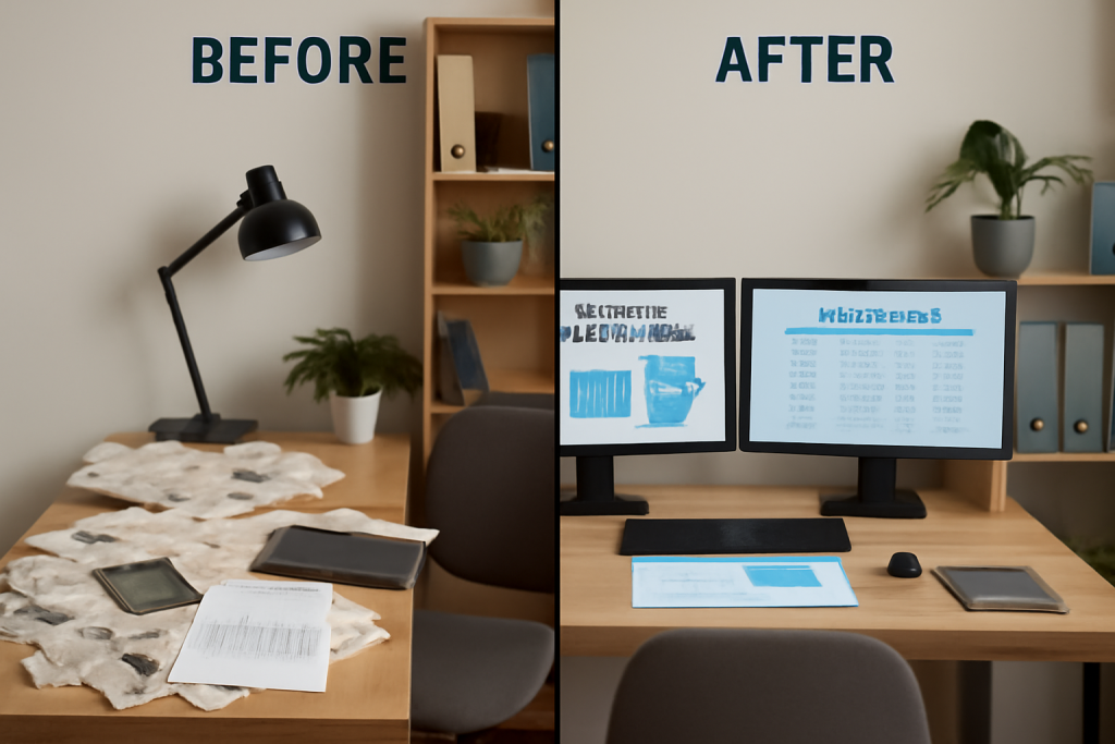 Split screen comparison of chaotic home office versus organised digital property accounting workspace with multiple monitors