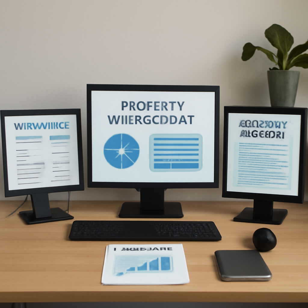 Professional property accountant workspace with multiple screens displaying specialist property accounting software and tax tools
