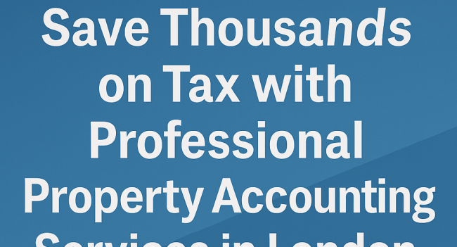 A promotional digital graphic featuring property accounting services in London, with bold white text reading 'Save Thousands on Tax with Professional Property Accounting Services in London' against a smooth blue gradient background.