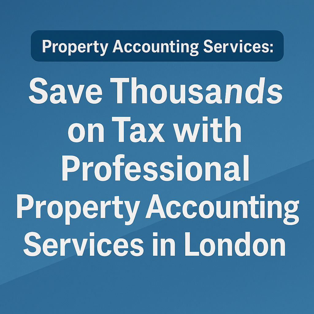 A promotional digital graphic featuring property accounting services in London, with bold white text reading 'Save Thousands on Tax with Professional Property Accounting Services in London' against a smooth blue gradient background.
