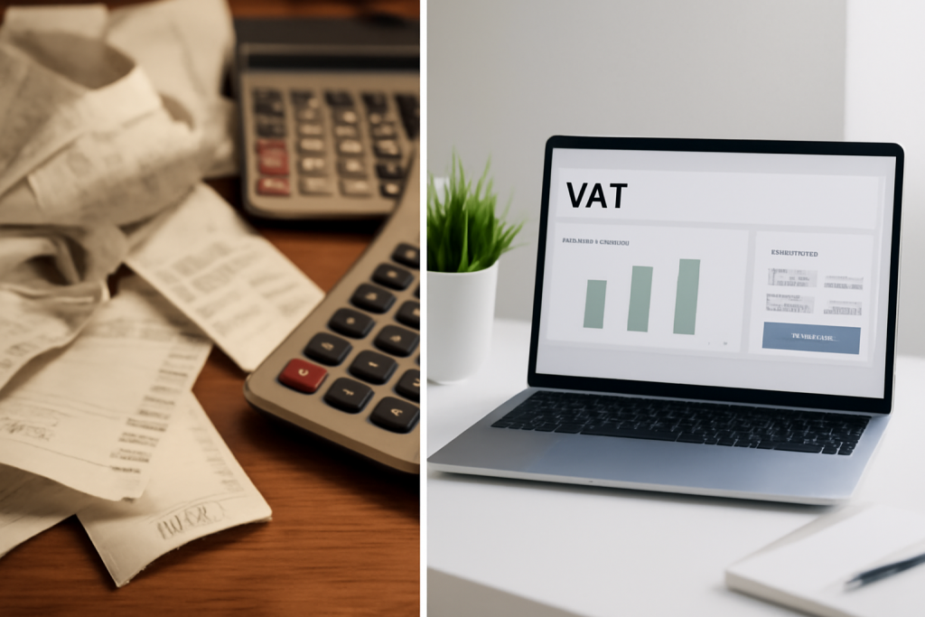 Split screen comparison showing cluttered desk with paper receipts and calculator versus modern workspace with laptop displaying MTD VAT software interface