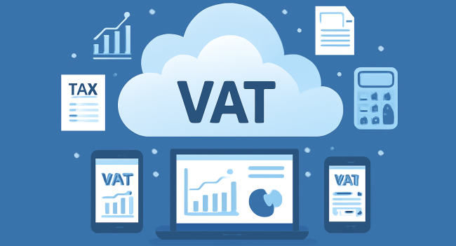 Cloud-based VAT management system with digital devices displaying VAT data, graphs, and tax documents, symbolizing the transition to digital VAT services for small businesses. A laptop, tablet, and smartphones are surrounded by VAT-related icons on a blue backdrop.
