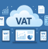 Cloud-based VAT management system with digital devices displaying VAT data, graphs, and tax documents, symbolizing the transition to digital VAT services for small businesses. A laptop, tablet, and smartphones are surrounded by VAT-related icons on a blue backdrop.