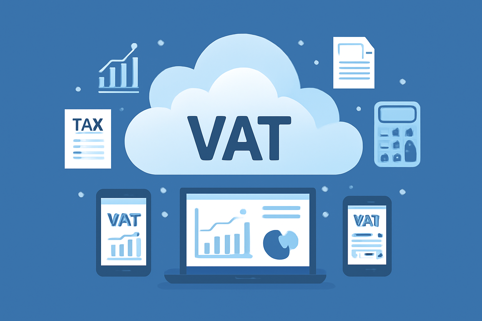 Cloud-based VAT management system with digital devices displaying VAT data, graphs, and tax documents, symbolizing the transition to digital VAT services for small businesses. A laptop, tablet, and smartphones are surrounded by VAT-related icons on a blue backdrop.