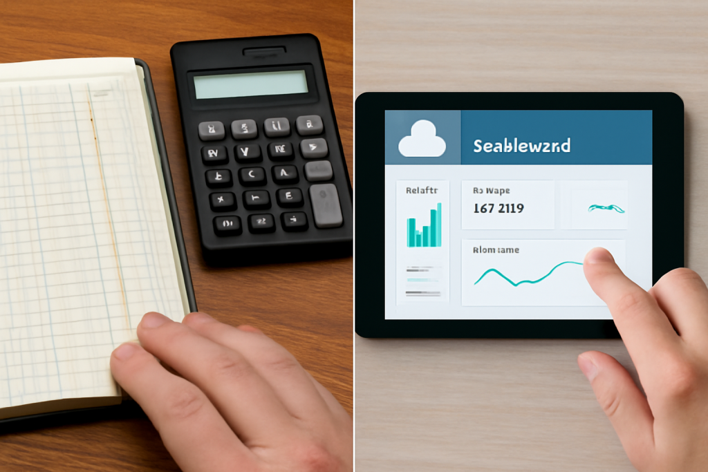 Split image showing old-style ledger books and calculators on one side, modern tablets and cloud software on the other.