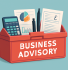 A red toolbox labeled "BUSINESS ADVISORY" containing a calculator, financial documents with charts and graphs, and pens, set against a light blue background, symbolizing strategic financial tools for business success
