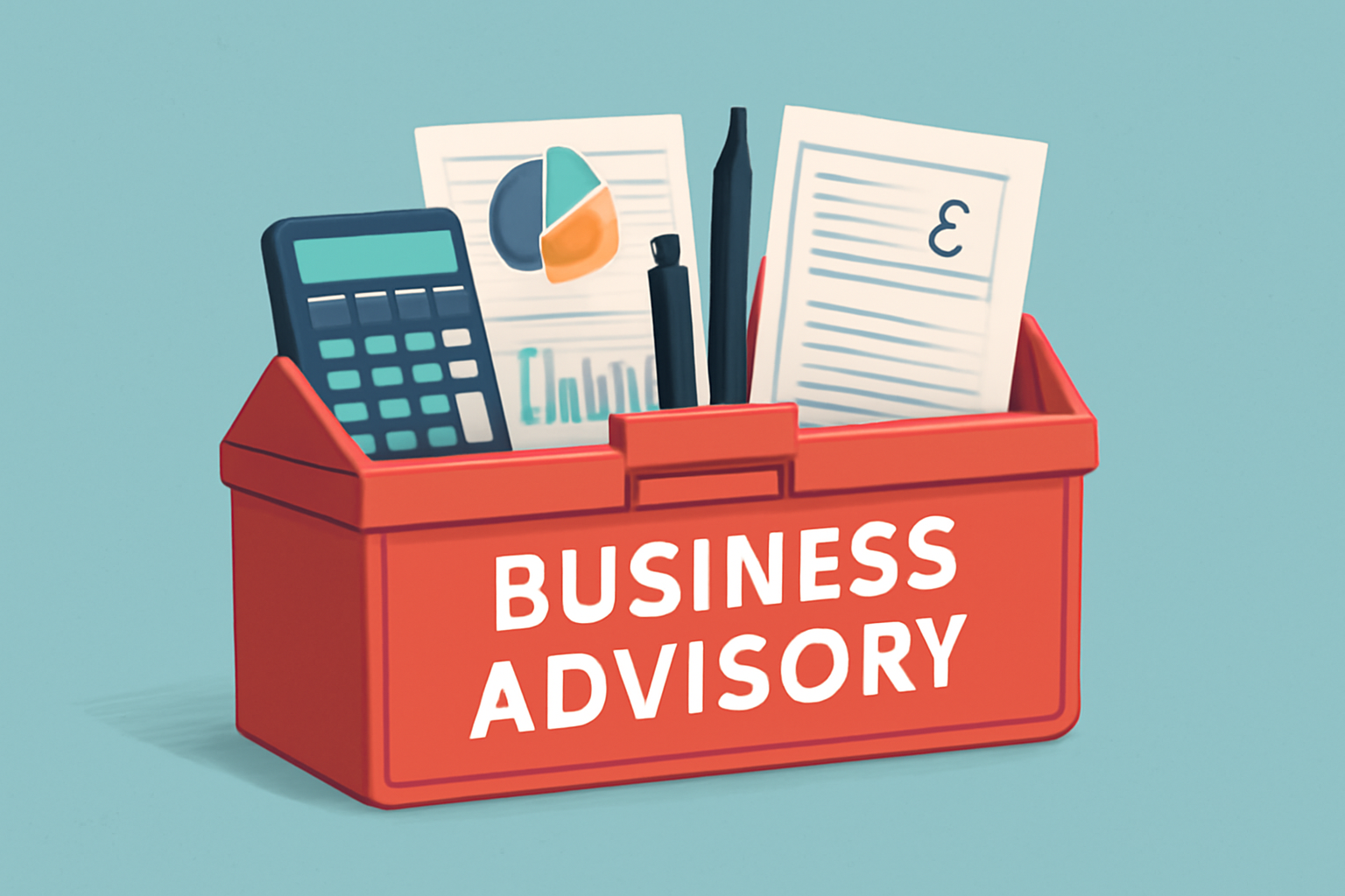 A red toolbox labeled "BUSINESS ADVISORY" containing a calculator, financial documents with charts and graphs, and pens, set against a light blue background, symbolizing strategic financial tools for business success