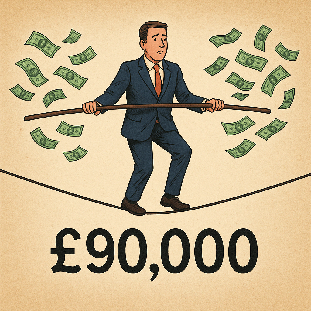 Business owner balancing on tightrope above £90,000 VAT registration threshold with cash flowing on both sides, illustrating the precarious position of approaching mandatory VAT registration