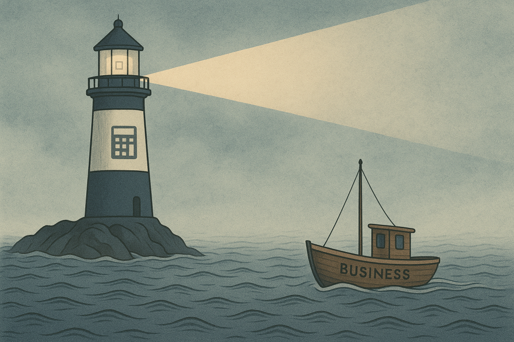 Lighthouse beam cutting through fog guiding small business boat to safety, symbolising professional accounting guidance through VAT registration complexity