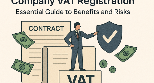Illustration of a business professional standing beside a VAT document, shield icon with checkmark, and floating currency symbols, representing the benefits and risks of company VAT registration.