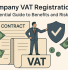 Illustration of a business professional standing beside a VAT document, shield icon with checkmark, and floating currency symbols, representing the benefits and risks of company VAT registration.