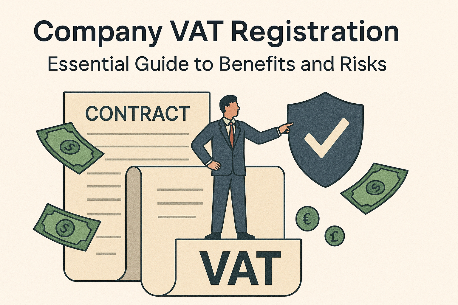 Illustration of a business professional standing beside a VAT document, shield icon with checkmark, and floating currency symbols, representing the benefits and risks of company VAT registration.