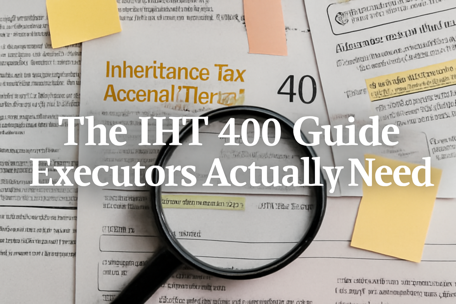 Close-up shot of actual IHT 400 form pages with strategic highlights, sticky notes, and a magnifying glass revealing "hidden" details Text overlay: "The IHT 400 Guide Executors Actually Need"