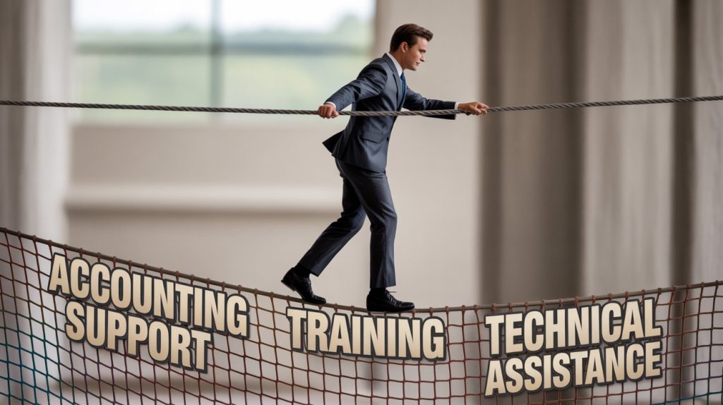 Business owner walking confidently across tightrope labeled MTD compliance with safety net below showing accounting support and professional services