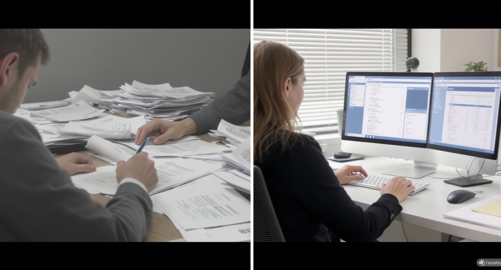 During the transition section
Split-screen image showing a business owner's messy desk covered in financial documents on one side, and a clean, organised accountant's workspace with the same documents neatly filed and digitised on the other side.