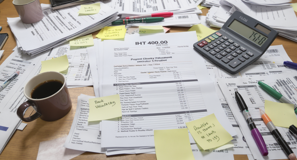 A cluttered desk with IHT 400 forms, bank statements, property valuations, and a cup of coffee. Include a calculator, highlighter pens, and sticky notes. This captures the reality of executor paperwork chaos while being relatable to readers facing the same challenge.