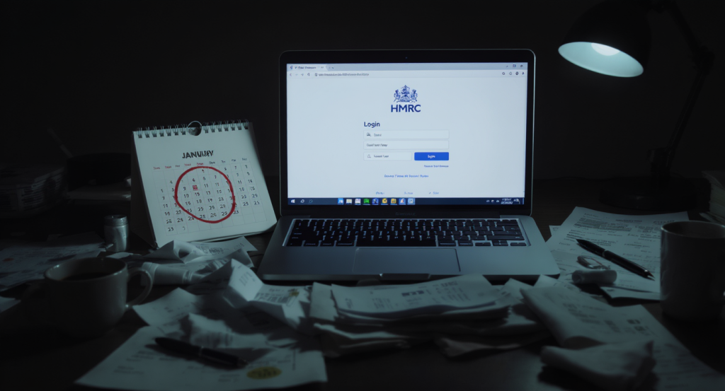 A cluttered desk with scattered receipts, a calendar showing January 31st circled in red, multiple coffee cups, and a laptop showing the HMRC login page.