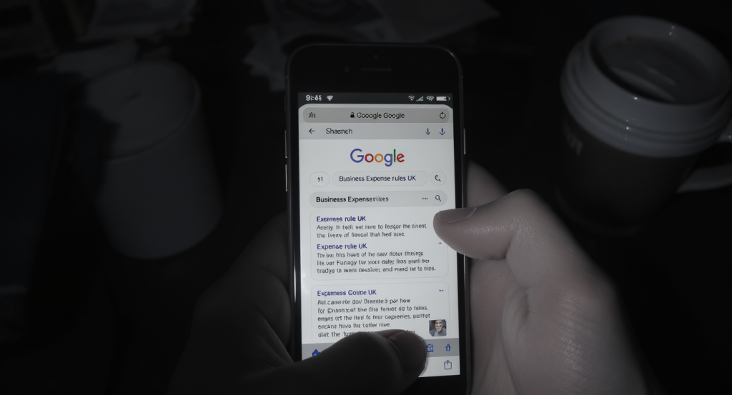 A smartphone screen showing a late-night Google search for "business expense rules UK" with multiple browser tabs open, surrounded by coffee cups and scattered paperwork. The timestamp should clearly show it's the middle of the night.