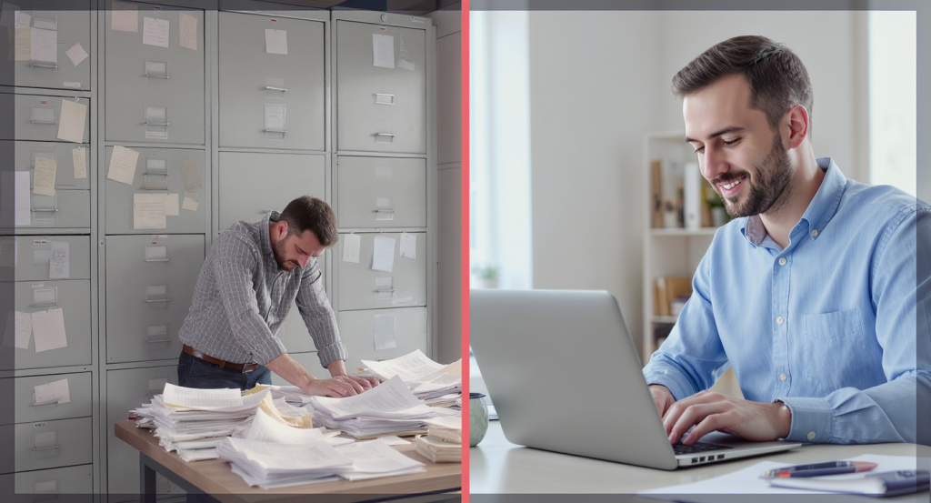 Split-screen comparison showing someone struggling with paper forms surrounded by filing cabinets on one side, and someone efficiently using a modern laptop or tablet on the other side.