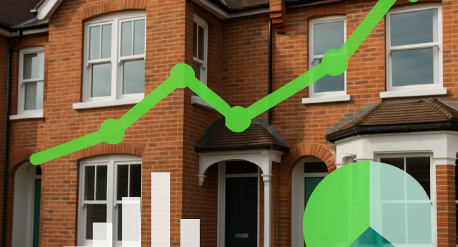 A composite image of traditional red-brick UK terraced houses with superimposed green financial graphs, including line charts, bar charts, and pie charts, symbolising property investment analytics and rental income tracking.