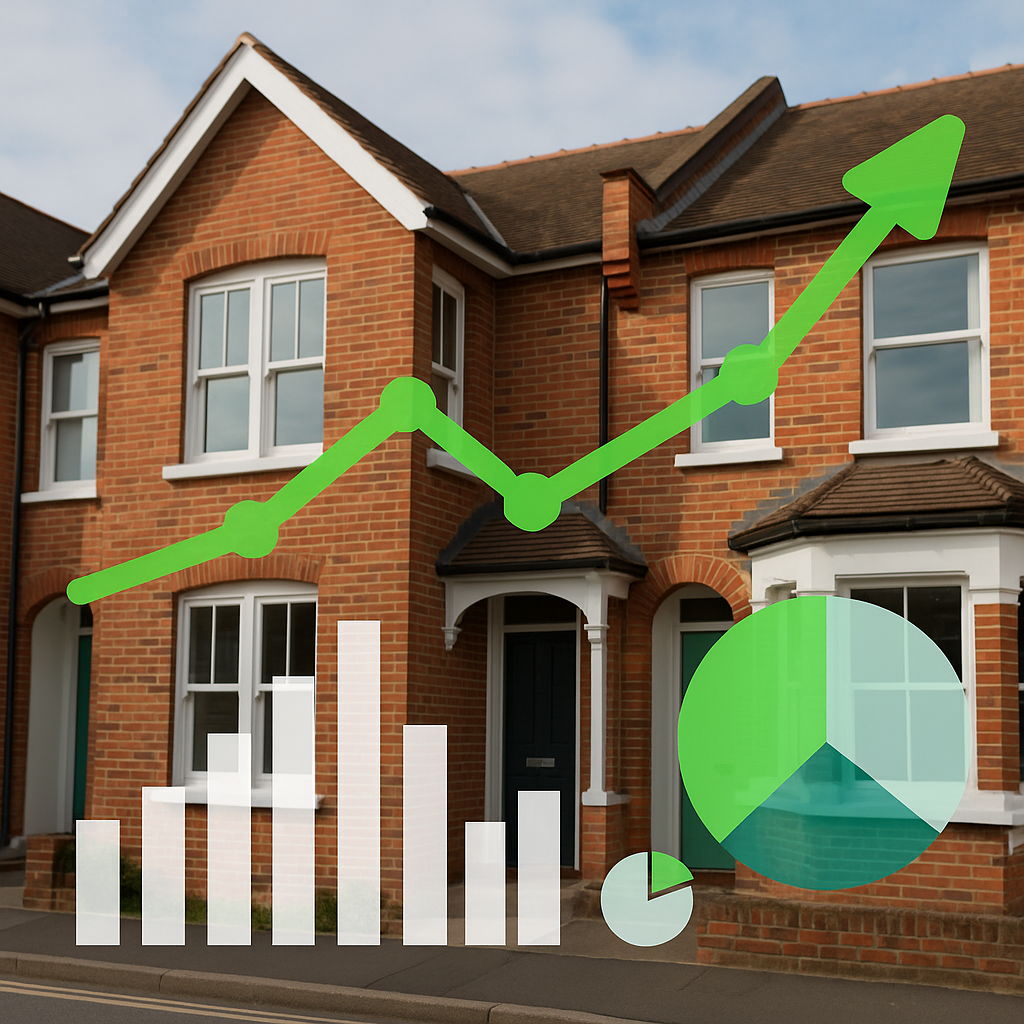 A composite image of traditional red-brick UK terraced houses with superimposed green financial graphs, including line charts, bar charts, and pie charts, symbolising property investment analytics and rental income tracking.