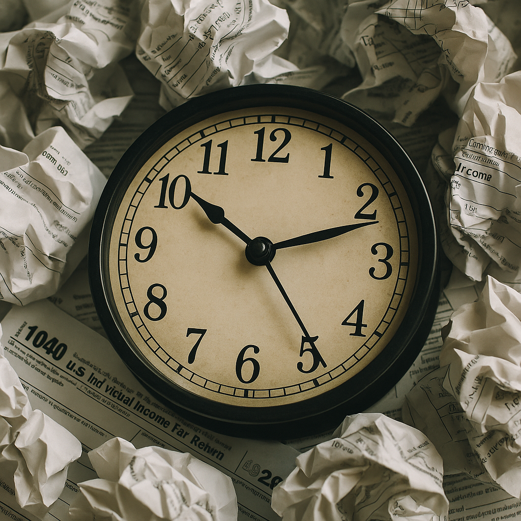 Vintage clock face surrounded by crumpled U.K. tax forms, symbolizing frustration and delays in tax refunds.