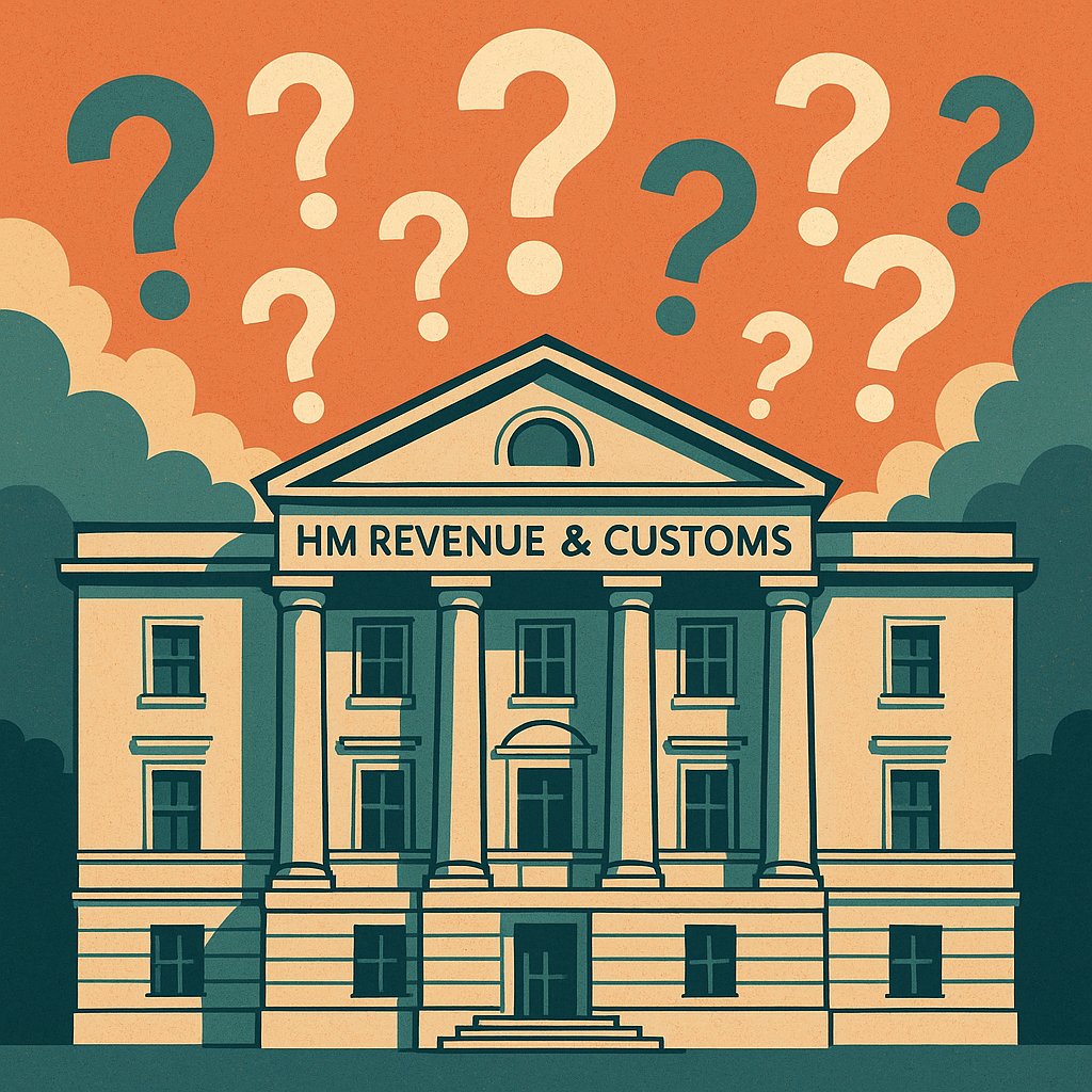 Stylised illustration of a classical HMRC government building with tall columns and a sign reading “HM Revenue & Customs,” surrounded by large floating question marks in the sky, symbolising confusion and tax-related queries.