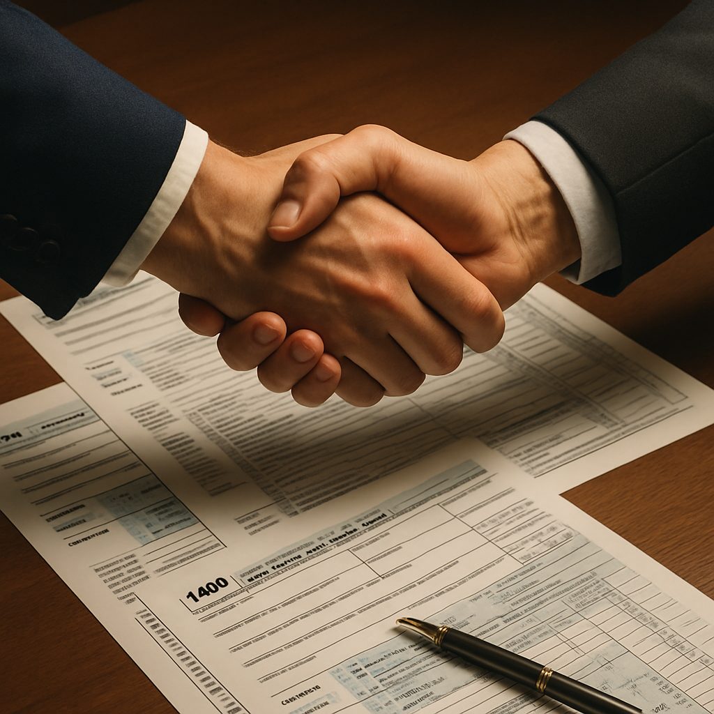 Professional handshake over neatly arranged tax documents on a wooden desk, symbolizing partnership between taxpayer and financial advisor, with warm lighting conveying success and resolution.