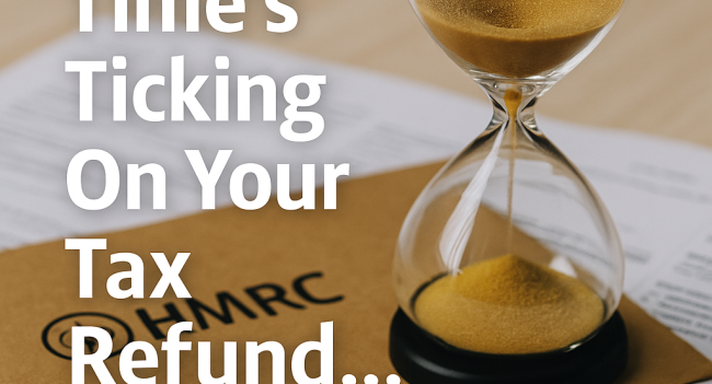 Hourglass with golden sand placed on an HMRC envelope over tax forms, symbolising delays in self assessment tax refunds, with overlay text reading ‘Time’s Ticking On Your Tax Refund…’