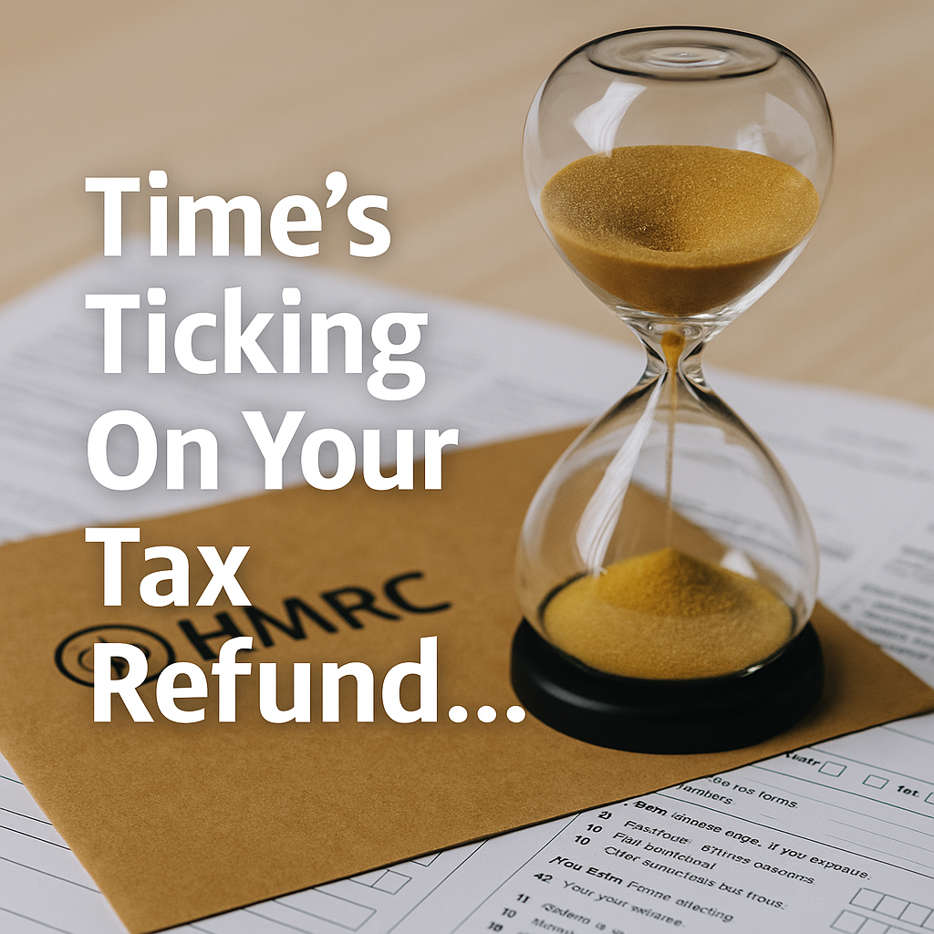 Hourglass with golden sand placed on an HMRC envelope over tax forms, symbolising delays in self assessment tax refunds, with overlay text reading ‘Time’s Ticking On Your Tax Refund…’