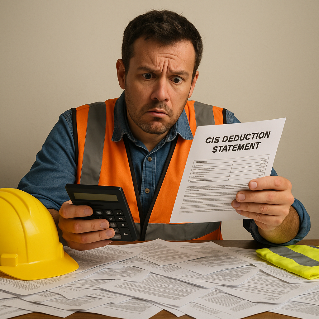 Confused construction worker in an orange hi-vis vest sitting at a desk cluttered with paperwork, holding a calculator and a CIS deduction statement, with a yellow hard hat nearby.
