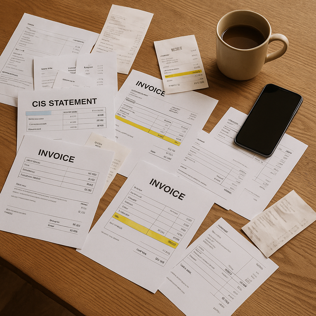 Overhead view of a wooden kitchen table cluttered with CIS statements, invoices, and receipts, some colour-coded or highlighted, with a coffee mug and smartphone visible among the paperwork.