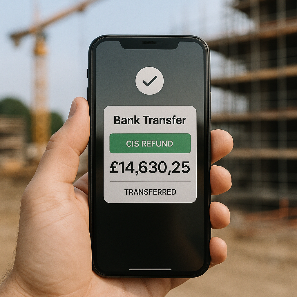Close-up of a smartphone held in a hand displaying a bank transfer notification for a £14,630.25 CIS refund, with a blurred construction site and scaffolding visible in the background.