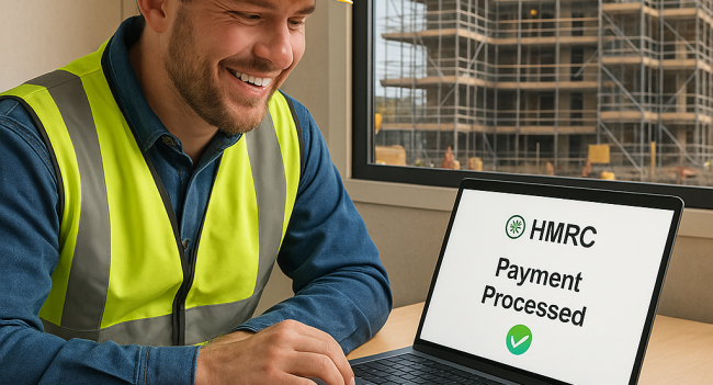Smiling construction worker in hard hat and hi-vis vest sitting at a site office desk, looking at a laptop screen showing ‘HMRC Payment Processed.’ Desk has CIS statements, calculator with large amount, and smartphone displaying bank notification. Construction site visible through window in background.