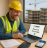 Smiling construction worker in hard hat and hi-vis vest sitting at a site office desk, looking at a laptop screen showing ‘HMRC Payment Processed.’ Desk has CIS statements, calculator with large amount, and smartphone displaying bank notification. Construction site visible through window in background.