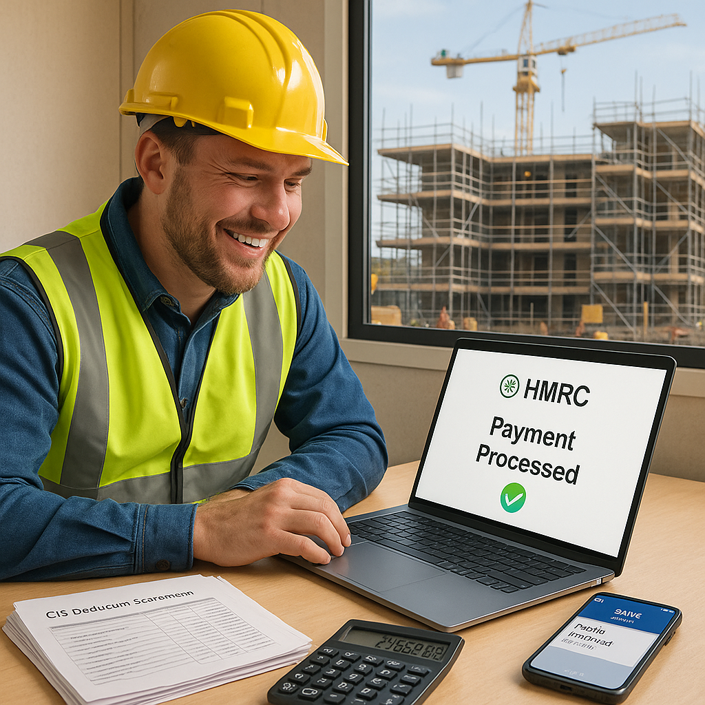 Smiling construction worker in hard hat and hi-vis vest sitting at a site office desk, looking at a laptop screen showing ‘HMRC Payment Processed.’ Desk has CIS statements, calculator with large amount, and smartphone displaying bank notification. Construction site visible through window in background.