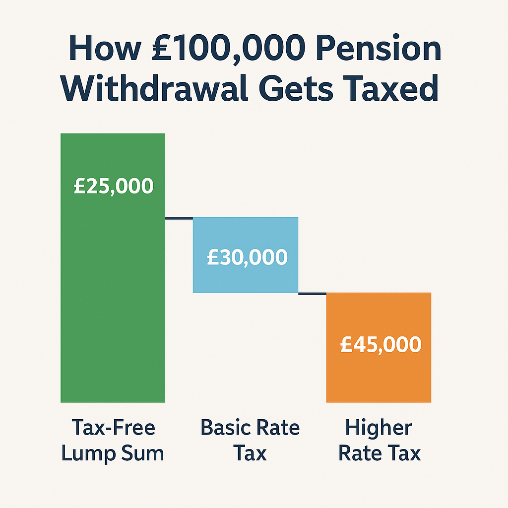 Infographic showing how a £100,000 pension withdrawal is taxed in the UK: £25,000 tax-free lump sum, £30,000 taxed at basic rate, £45,000 taxed at higher rate.