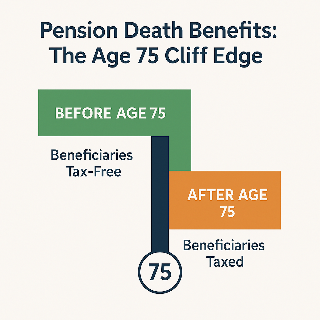 Infographic showing pension death benefits before and after age 75, highlighting tax-free inheritance before 75 and taxed benefits after.