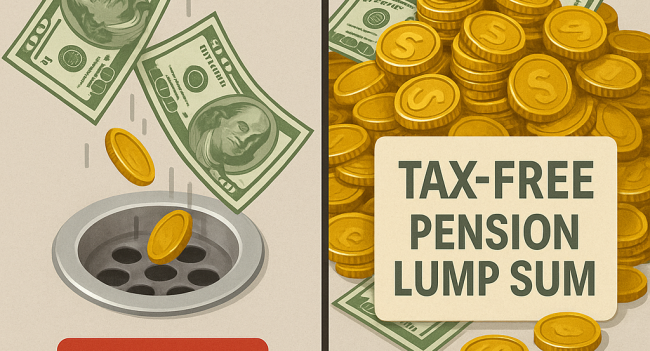 Split image showing money draining into a sink labeled “Tax” on the left, and a pile of cash and coins labeled “Tax-Free Pension Lump Sum” on the right, illustrating the contrast between tax loss and legal pension savings.