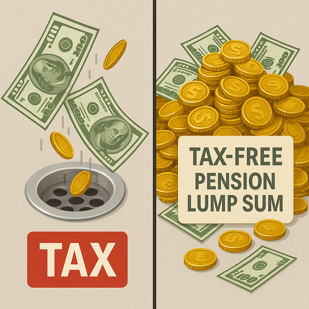 Split image showing money draining into a sink labeled “Tax” on the left, and a pile of cash and coins labeled “Tax-Free Pension Lump Sum” on the right, illustrating the contrast between tax loss and legal pension savings.