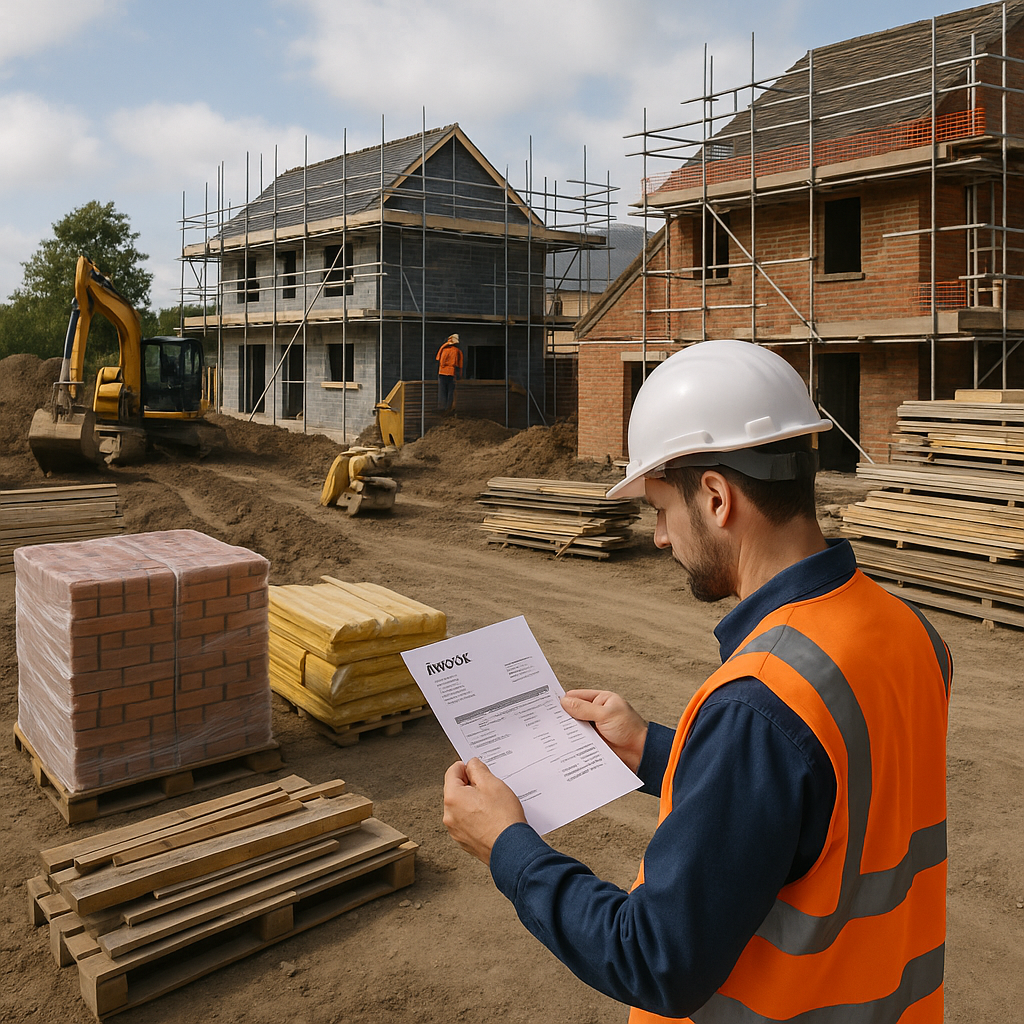Construction site with multiple projects underway, including new build and renovation, featuring a worker in high-visibility gear reviewing an invoice among stacks of building materials—illustrating the complexity of VAT rules in construction.