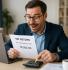 Close-up of a happy business owner in his 30s reviewing a VAT return document showing a large refund amount, pointing to the figure with a highlighter at a modern desk with a laptop, calculator, and coffee cup.
