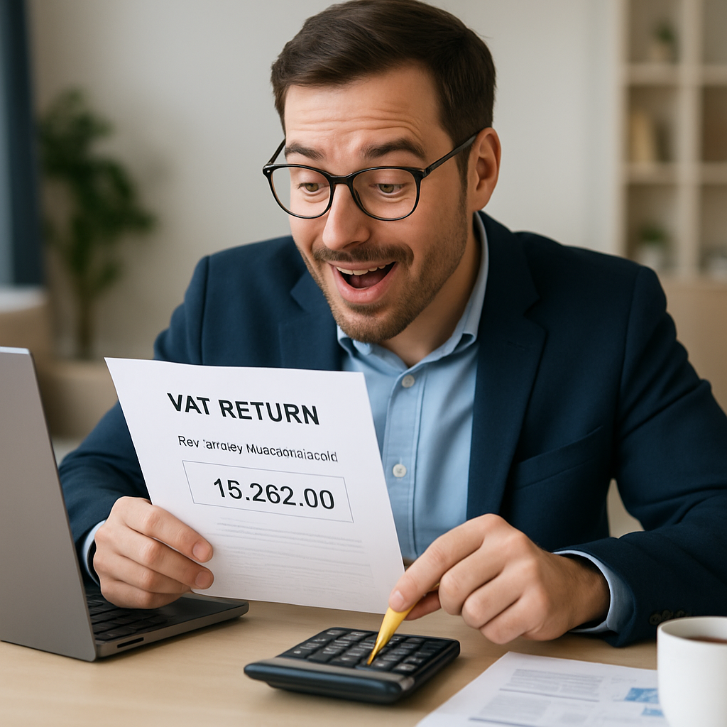 Close-up of a happy business owner in his 30s reviewing a VAT return document showing a large refund amount, pointing to the figure with a highlighter at a modern desk with a laptop, calculator, and coffee cup.